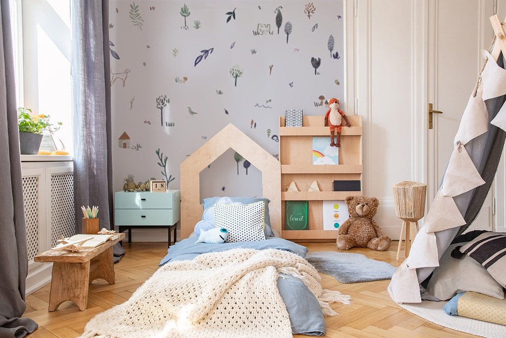 Magical Farmland, Pattern Wallpaper in blue, featured in a naturally-lit kid's bedroom surrounded by plush toys and accesories.  