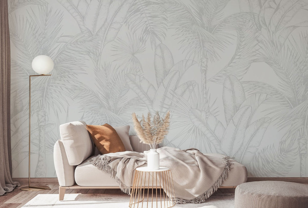 Tropics Botanical, Mural Wallpaper, in sand, featured on a wall of a dining area.