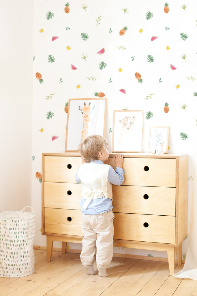 Fruits Garden, Pattern Wallpaper in a kids room with wooden closet