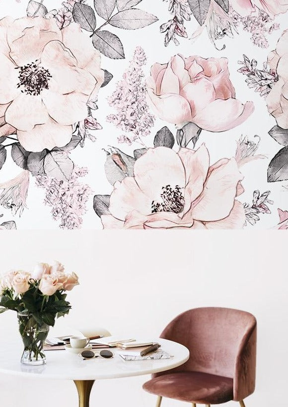 Kiela Flowers wallpaper in a room with a coffee table