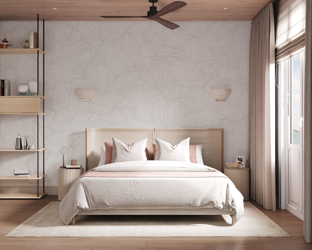 Saltwater Blooms, Pattern Wallpaper in grey in master bedroom