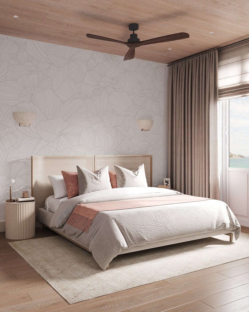 Saltwater Blooms, Pattern Wallpaper in grey in master bedroom