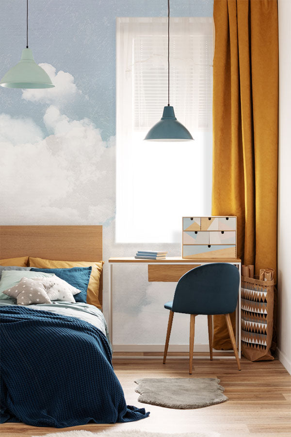 Cuddle Clouds Wallpaper in a bedroom with a side desk.