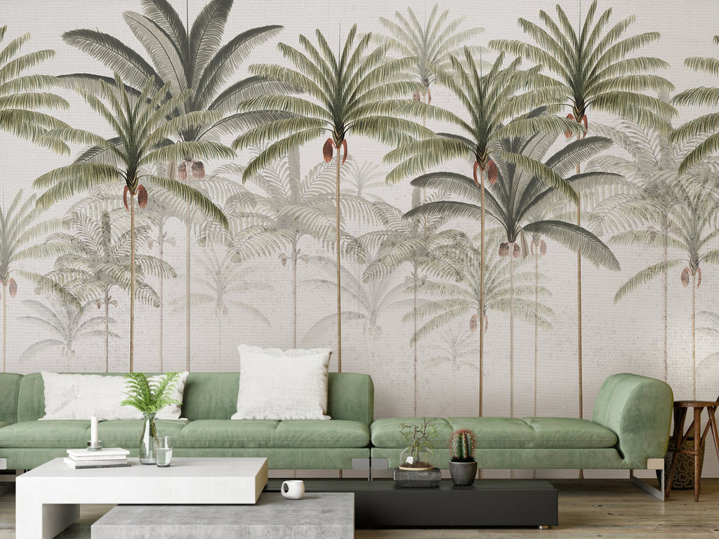 Rainforest Vintage, Mural Wallpaper in white, graces one of the walls.