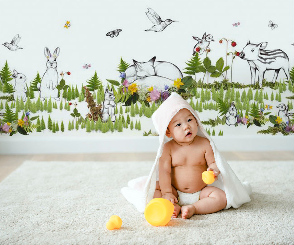 Rabbits Playmates Wallpaper in kids nursery featuring fox, pig, hummingbird and butterflies