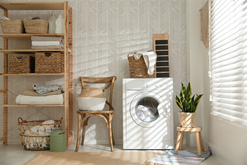 Herringbone wallpaper in kitchen