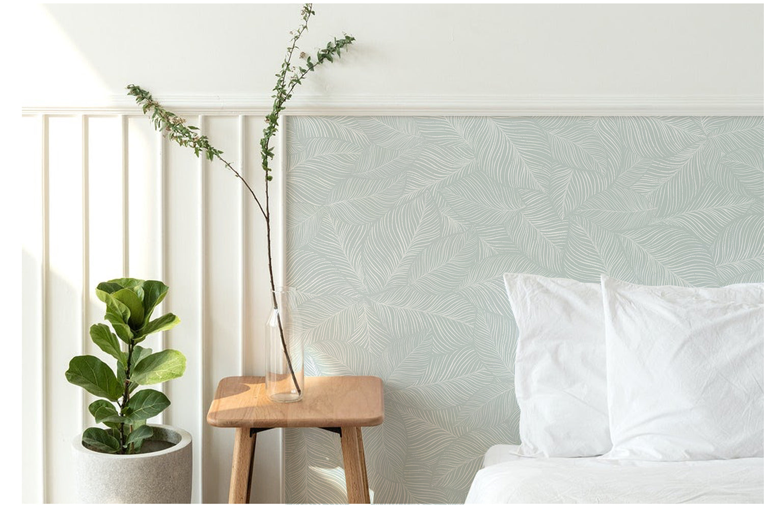 Noelle Fern blue pattern wallpaper bedroom interior