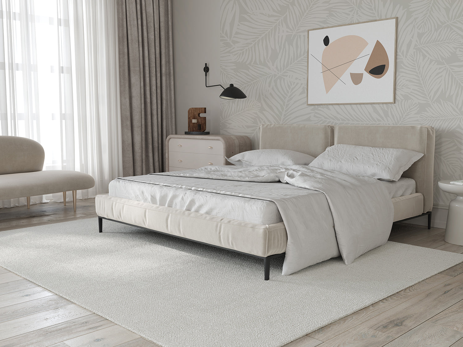 Heather Fern, Pattern Wallpaper in grey featured in one room apartment, bedroom spot with modern style