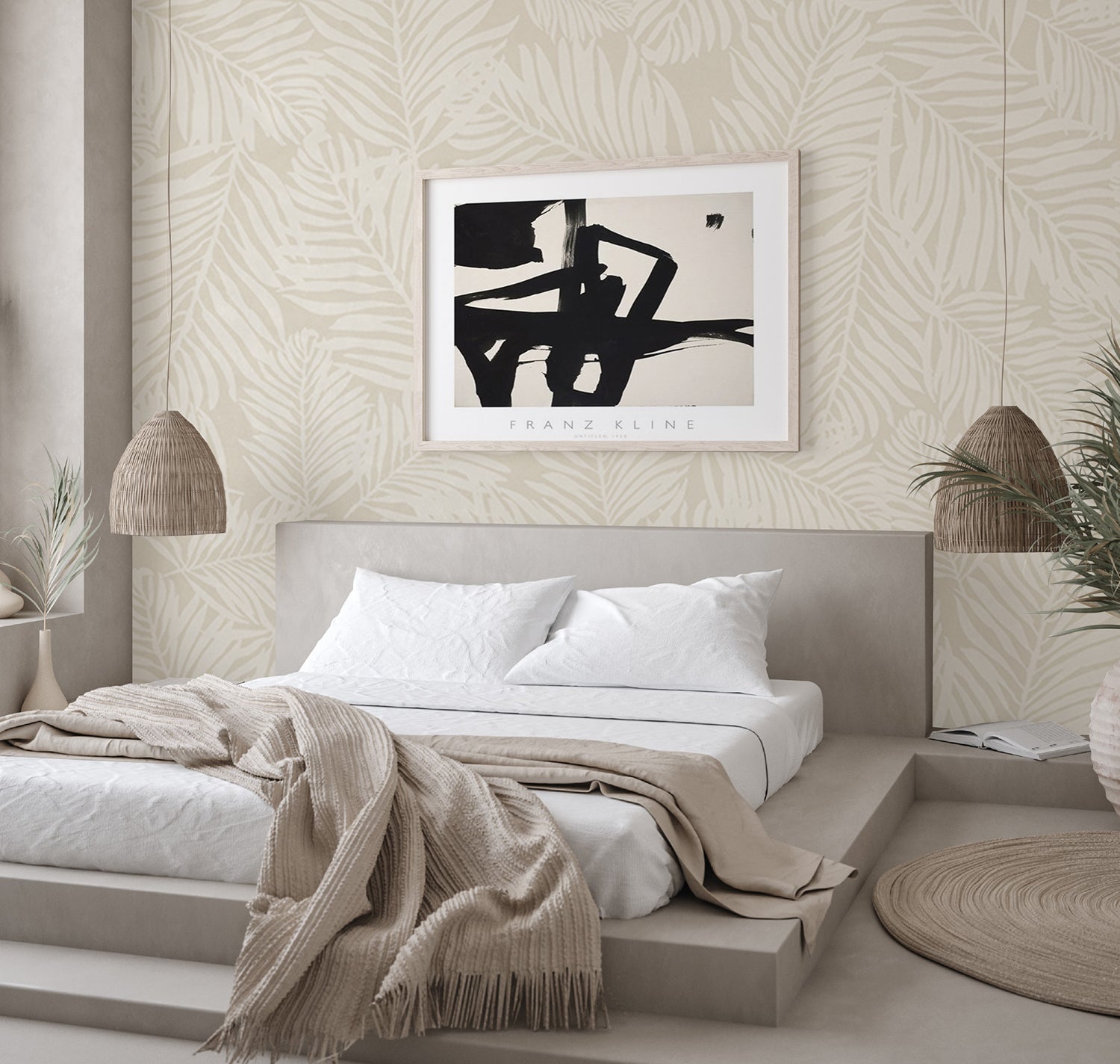 Heather Fern, Pattern Wallpaper in sand featured in tropical resort bedroom style