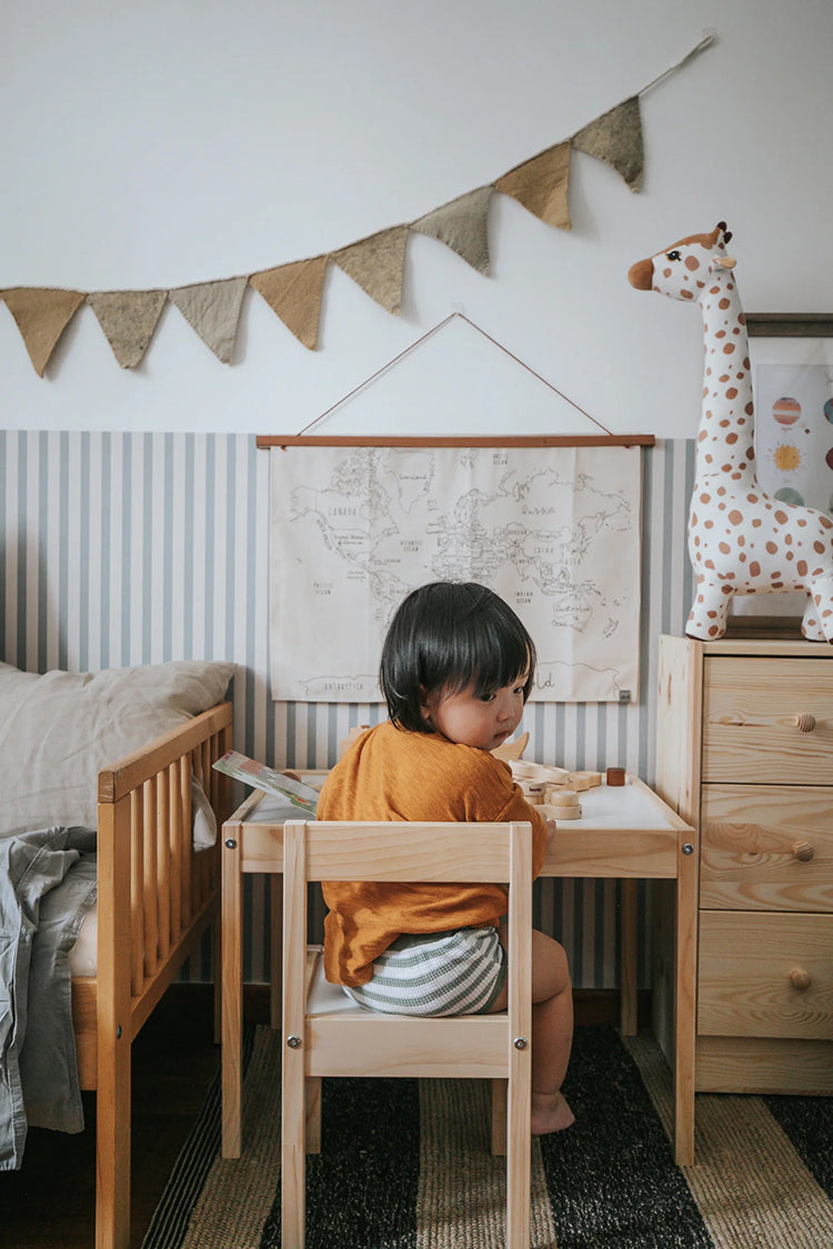 Delicate Stripes, Wallpaper Delicate Stripes, Wallpaper featured in kid's room with half wall paint and half wallpaper style