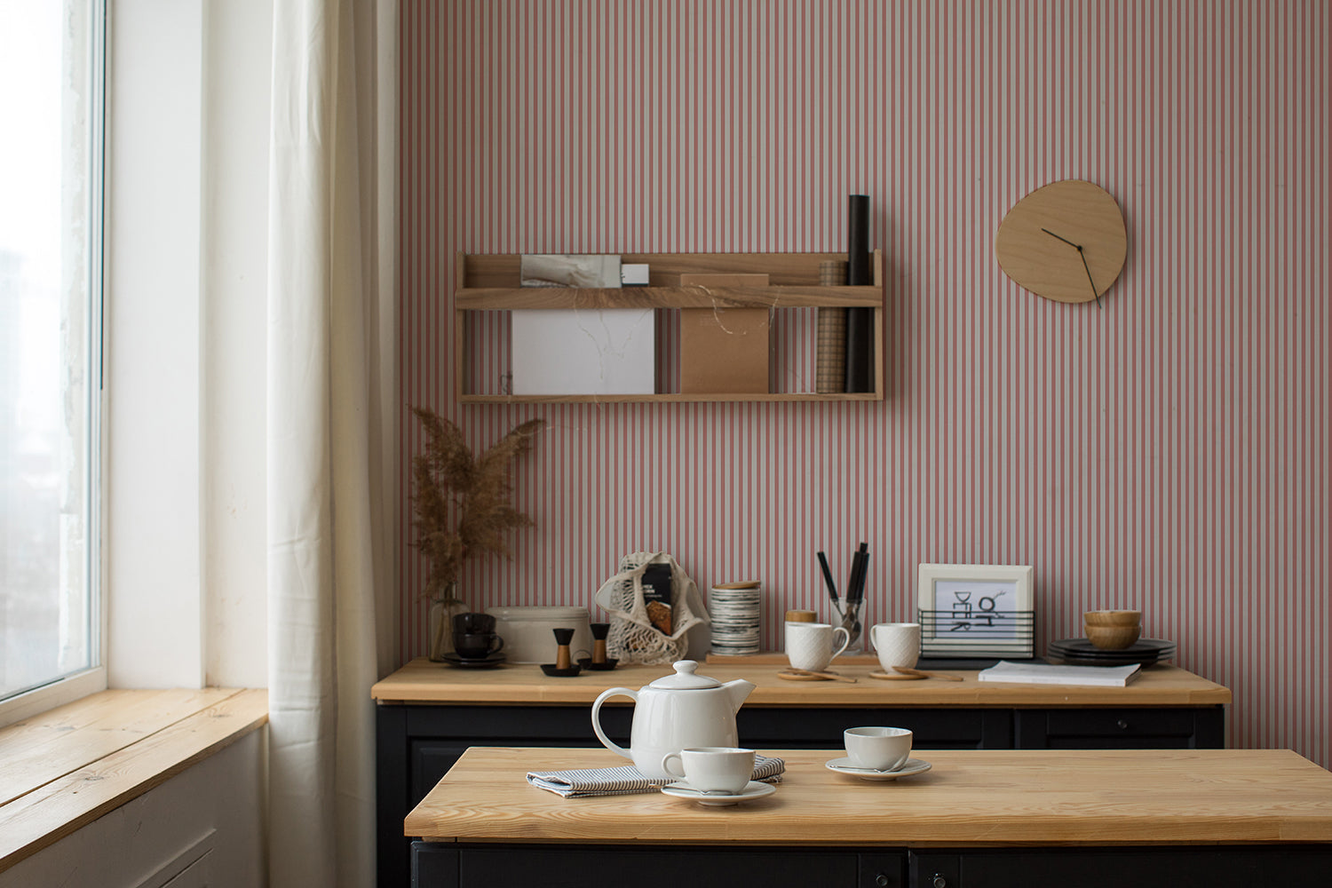 pink vertical stripe wallpaper in kitchen