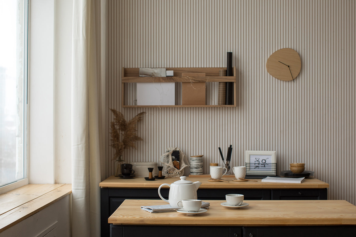Kitchen beige striped wallpaper