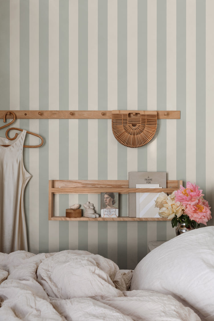 Preppy thick striped wallpaper in sage in bedroom