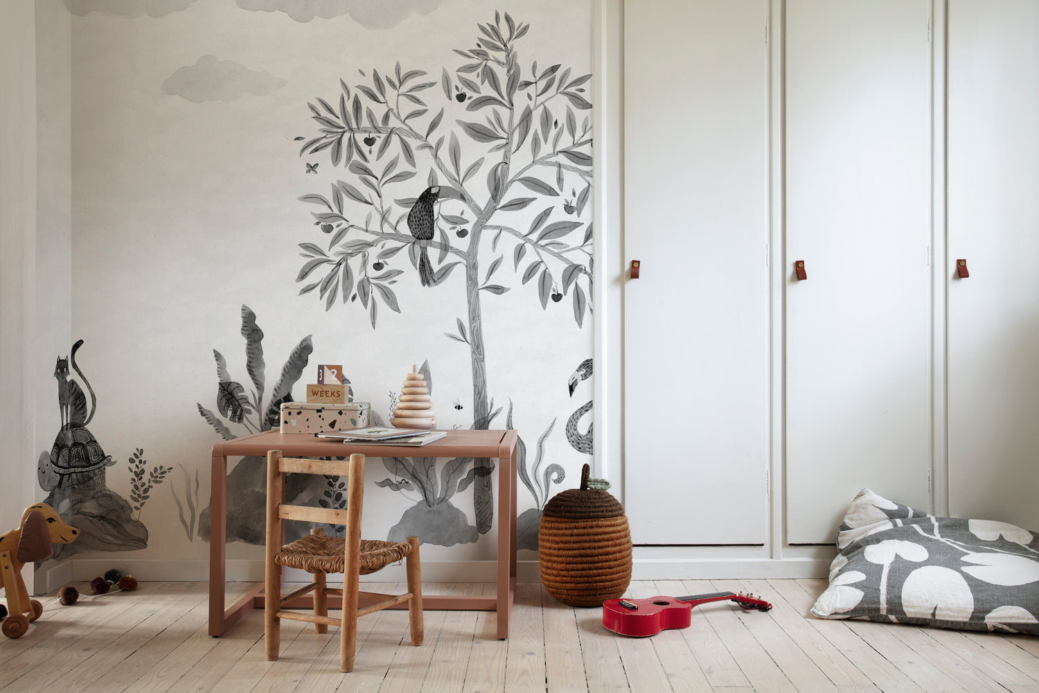 Wilton and Friends black and white mural wallpaper with whimsical hand-painted animals