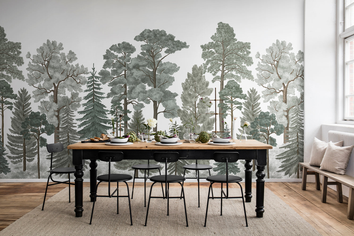 Panoramic forest wallpaper with hand-drawn trees - Scandinavian Forest Mural Wallpaper