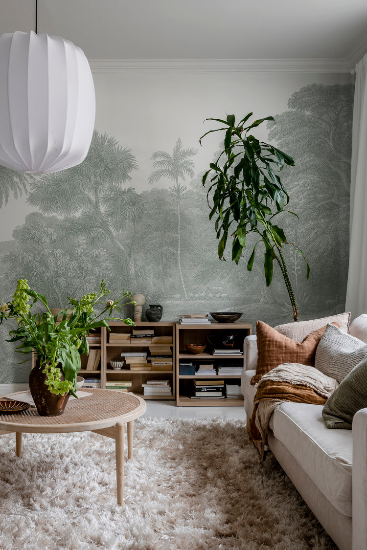 Resort-style mural wallpaper with jungle landscape and tropical animals