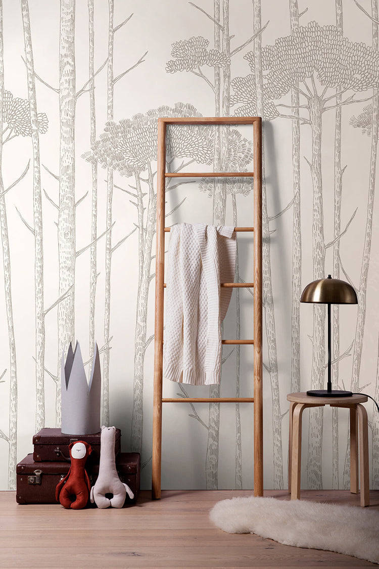 Light grey birch tree forest mural wallpaper