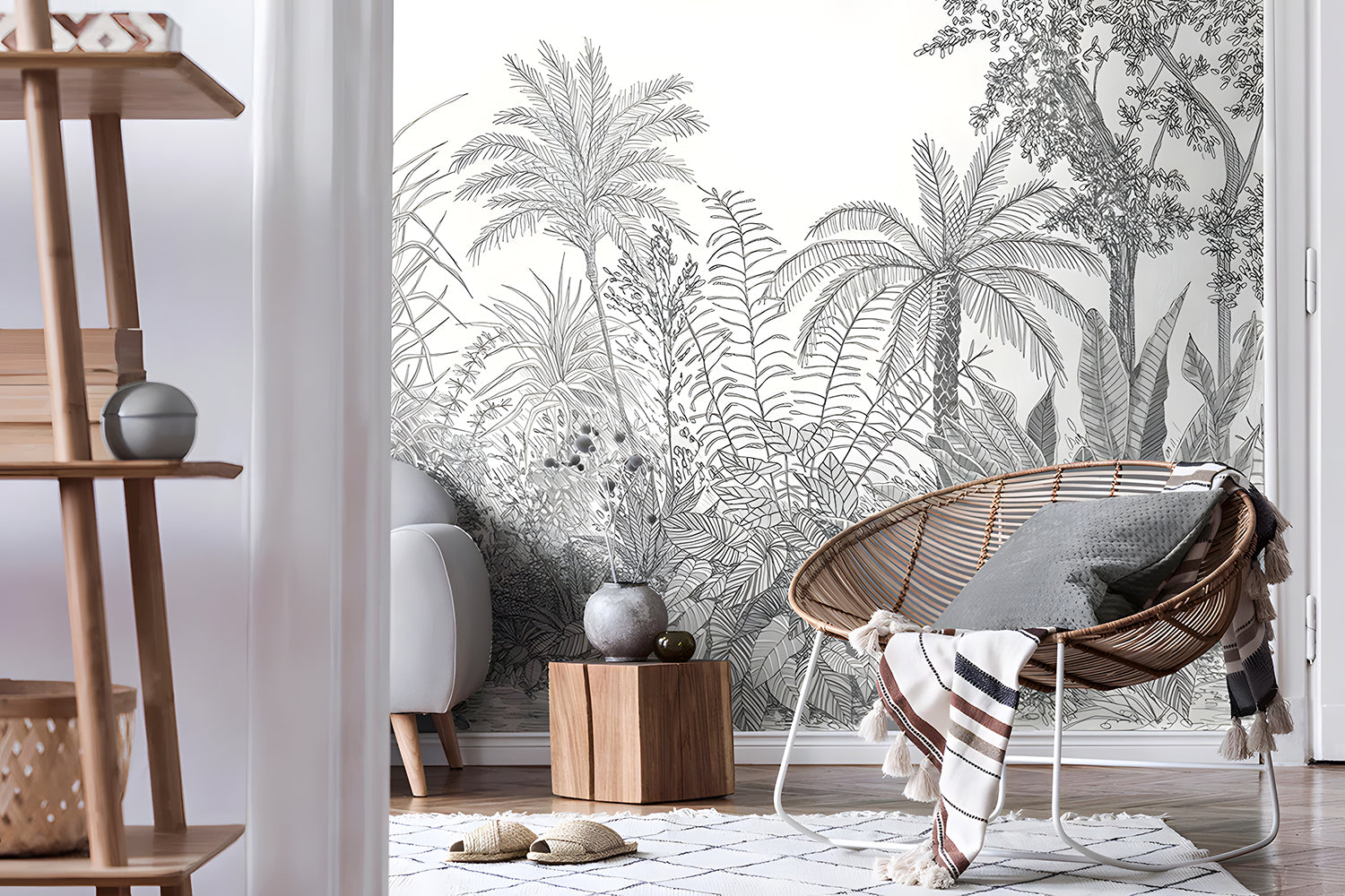 Jungle Tropical Mural Wallpaper in Dark Grey in Living Room