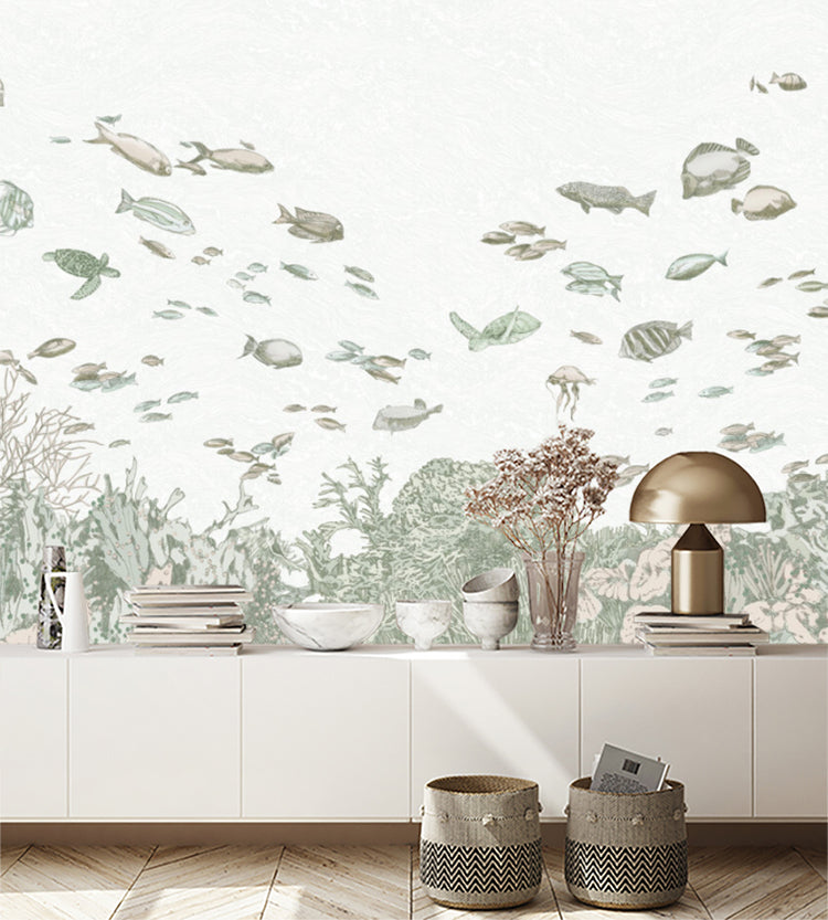 Under the Sea baby room wallpaper with ocean creatures and calming sea tones