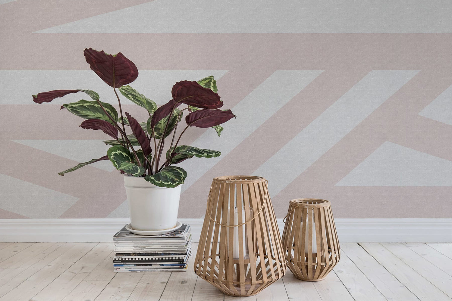Pink living room wallpaper with diagonal striped pattern creating a modern nautical look