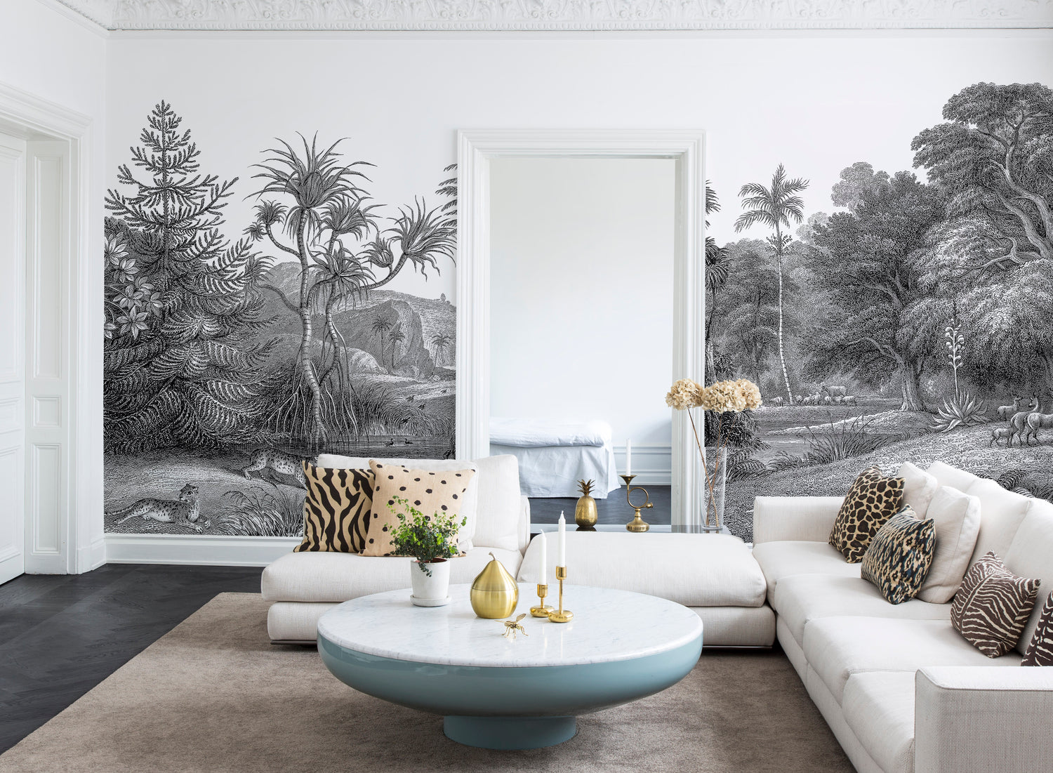 Jungle Land black and white mural wallpaper featuring tropical jungle scenery