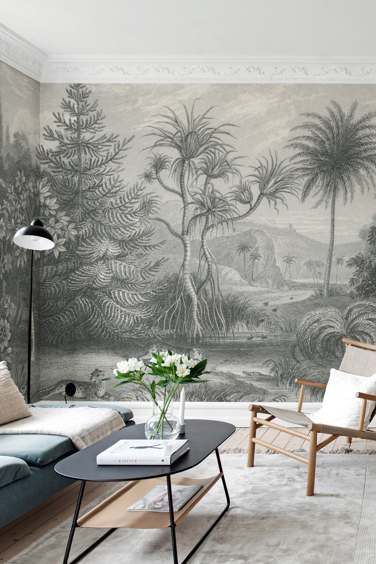 Jungle Land Mural Wallpaper featuring a monochrome forest landscape