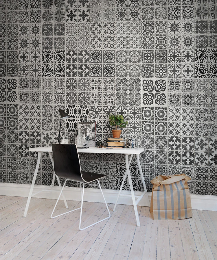 Marrakech Tiles Pattern Wallpaper with black Moroccan tile motifs