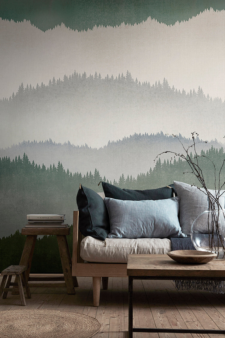 Forest Landscape dark moody wallpaper with ombre forest hills