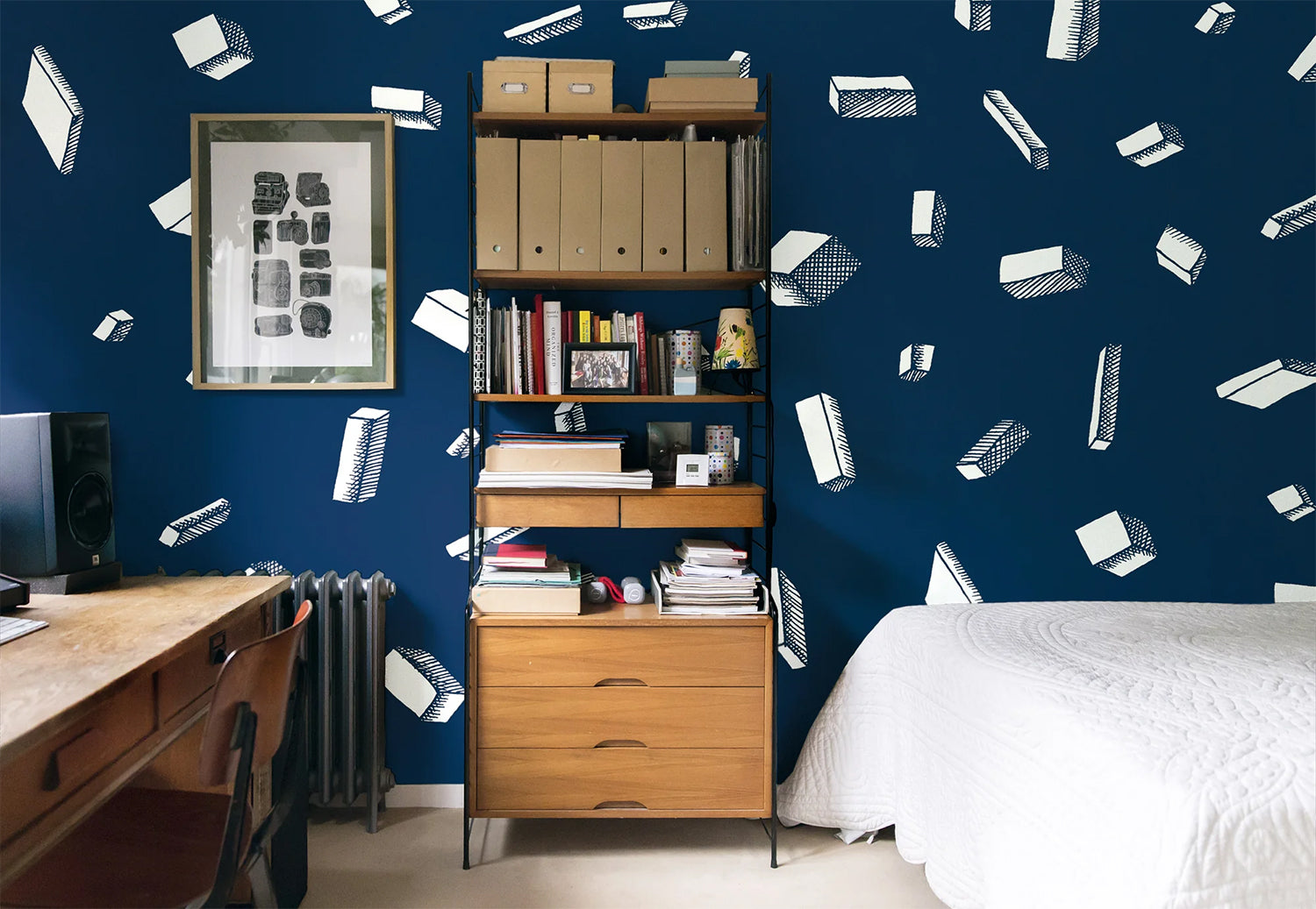 Tetris playful dark blue wallpaper with colourful block pattern for kids' rooms