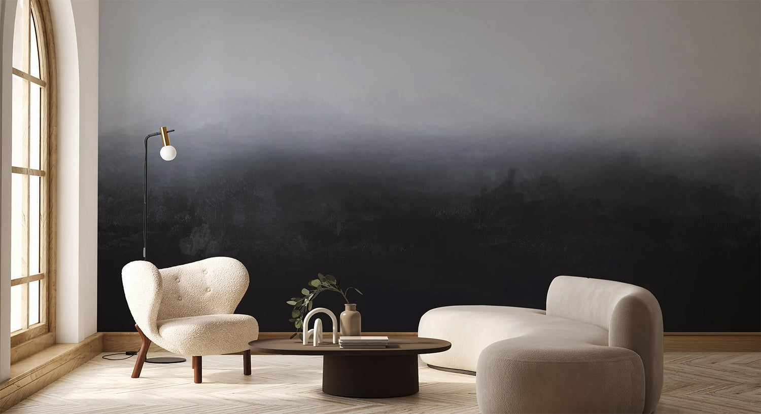 Wallpaper mural living room with painterly ombre horizon mural design