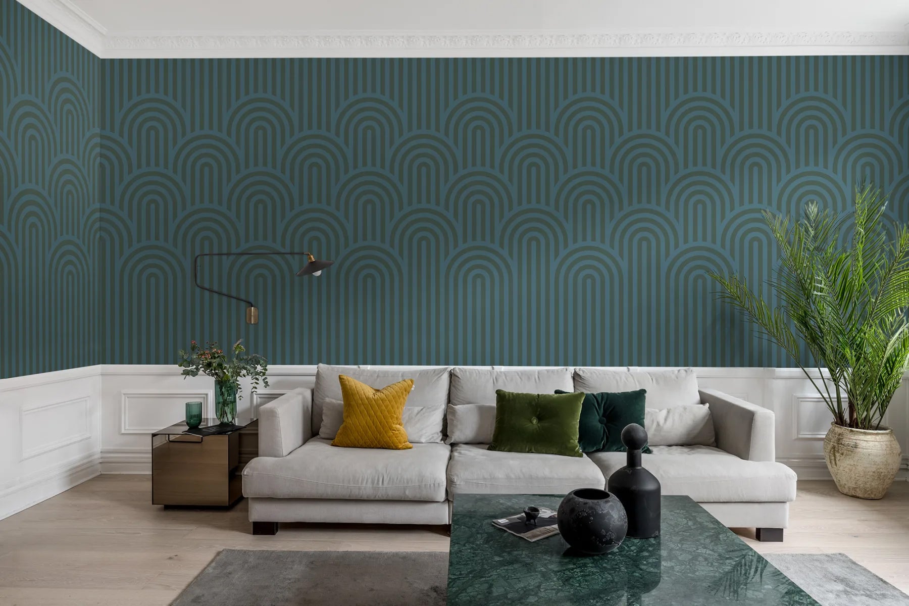 Arch Hills dark pattern wallpaper with art deco geometric arches in emerald green tones