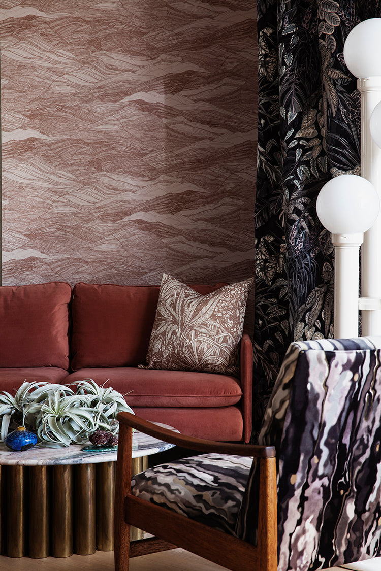 Tidal Waves dark moody wallpaper with flowing wave patterns in terracotta