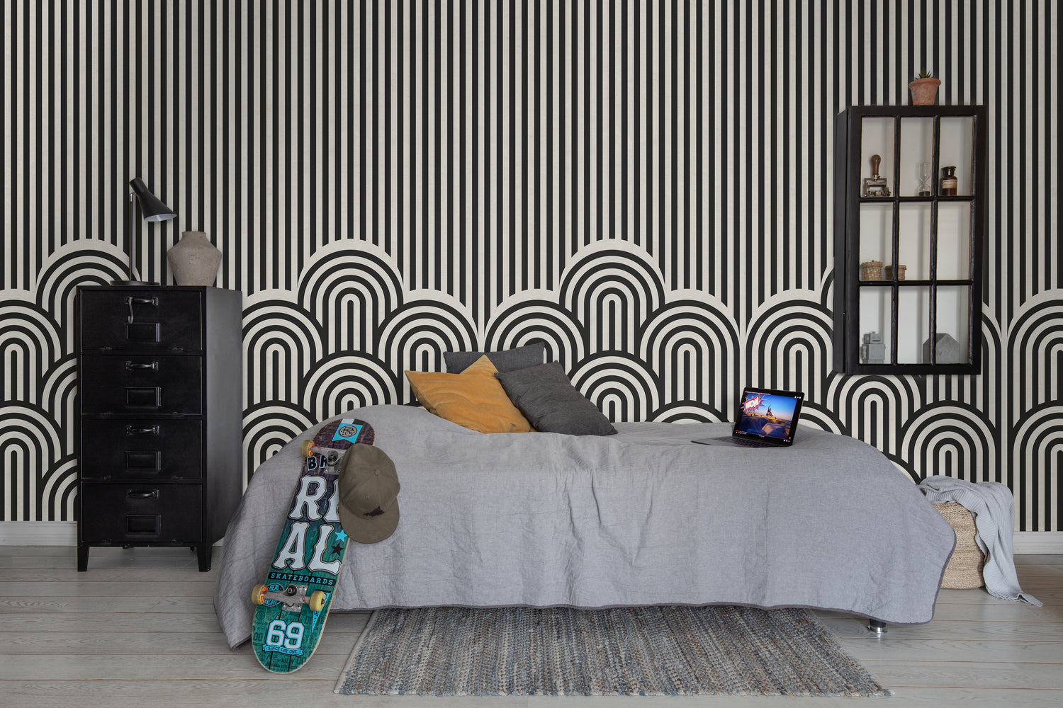 On the Dunes black and white mural wallpaper with soft geometric arches
