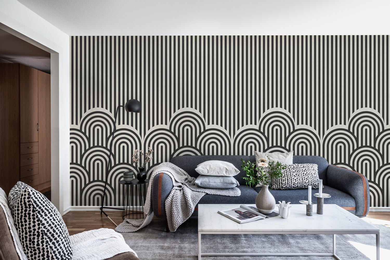 On the Dunes Geometric Wallpaper with black arches and calming pattern