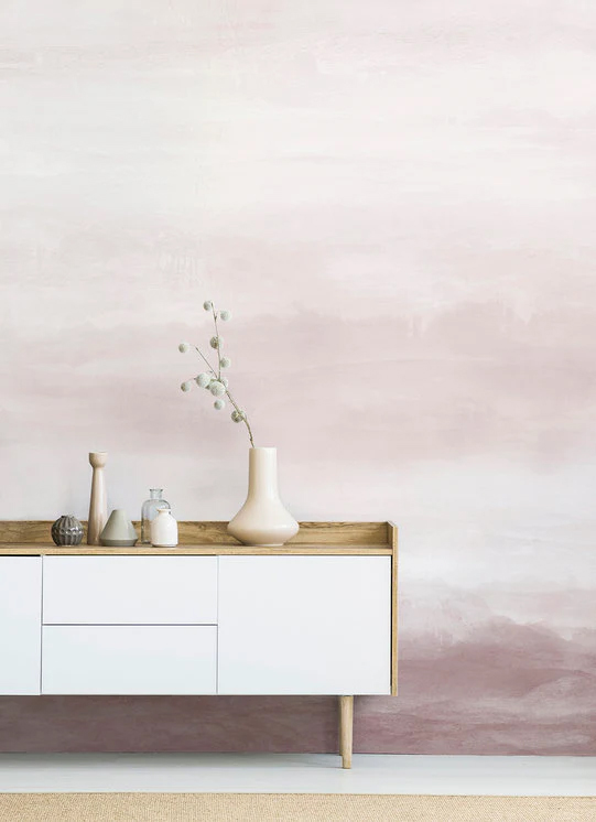 Pink living room wallpaper with watercolor ombre gradient inspired by painted skies