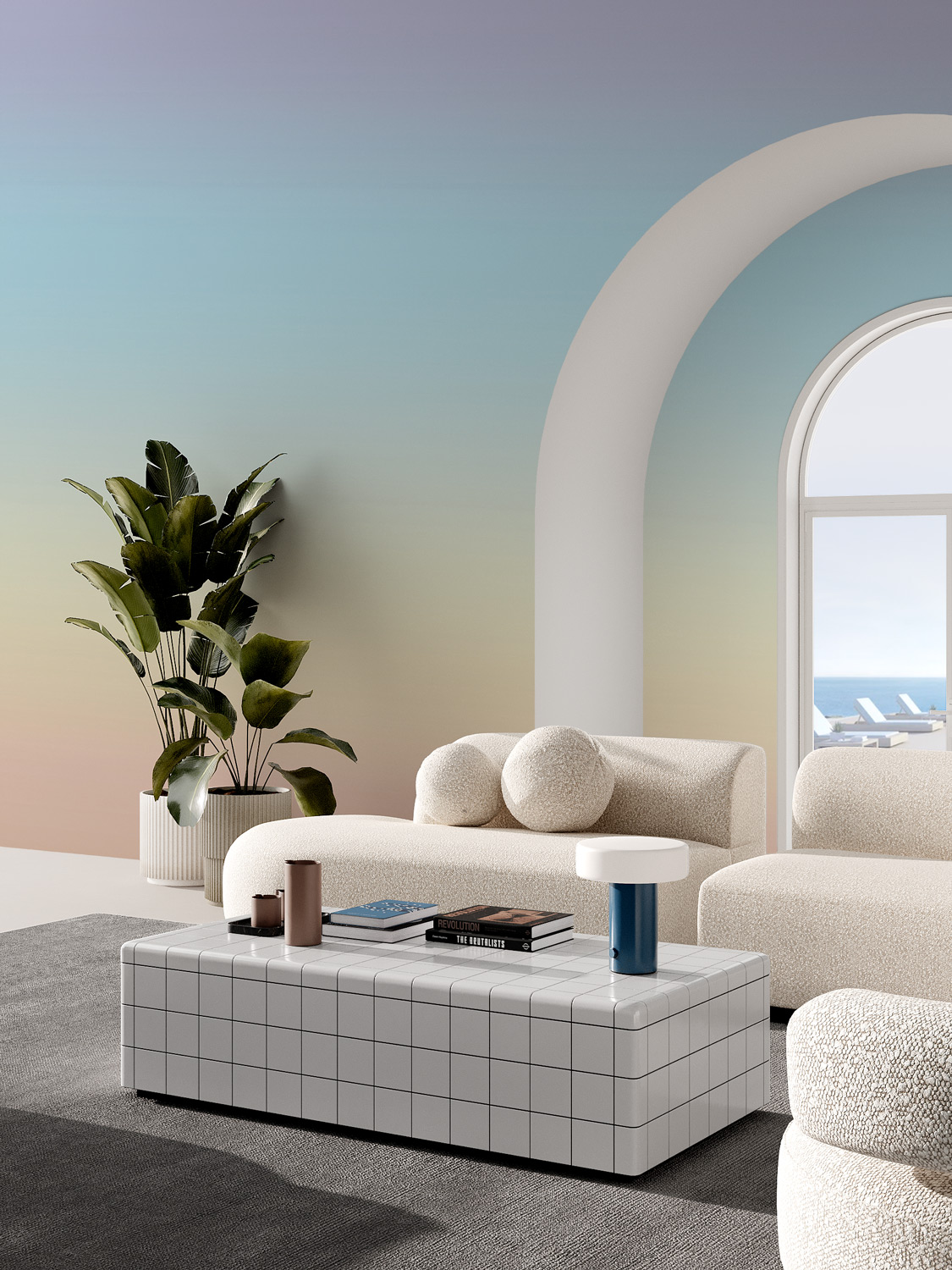 Luminate Gradient, Ombre Mural Wallpaper in blue, yellow and red hues Living Room