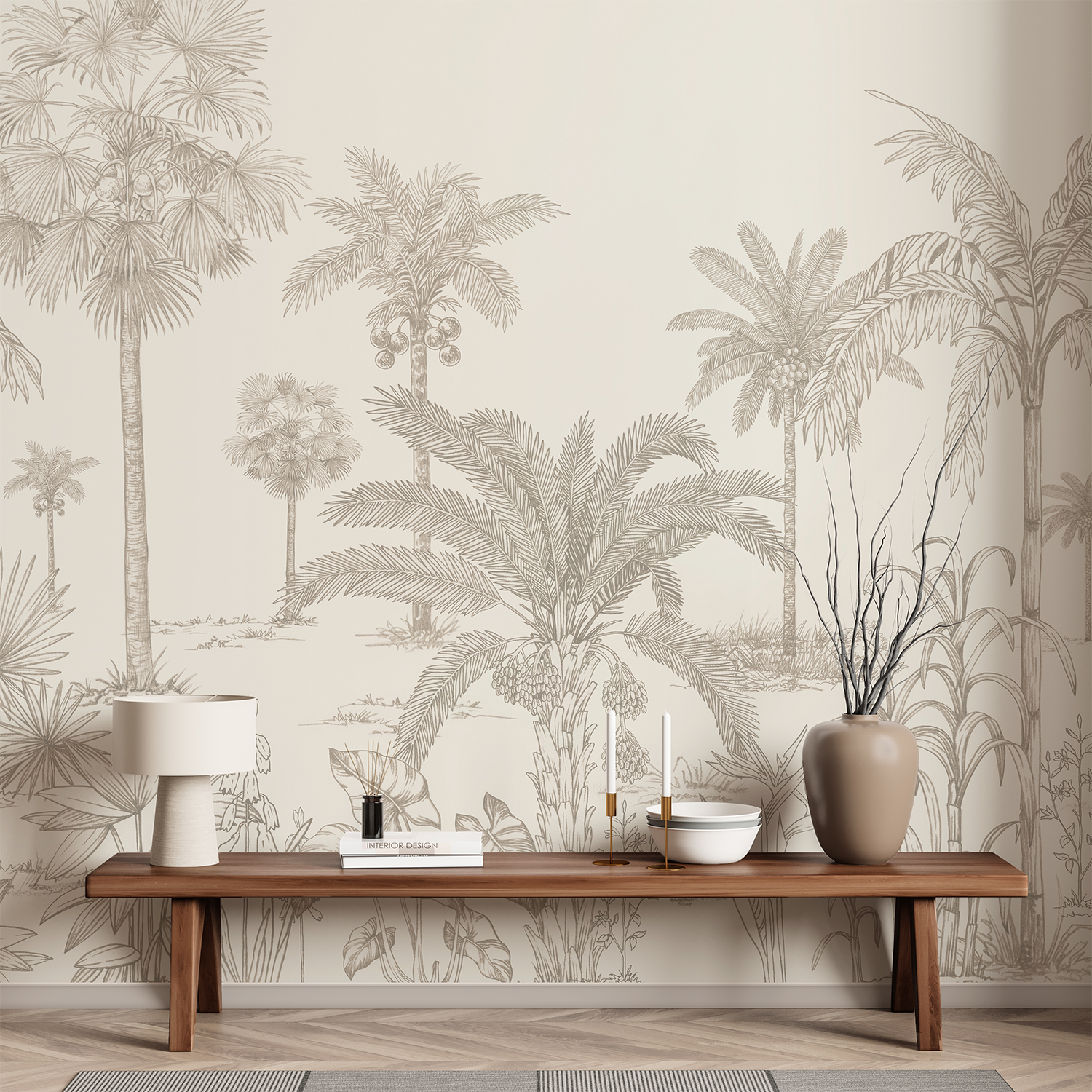 Warm neutral monochrome wallpaper featuring Vintage Palmscape Tropical Mural