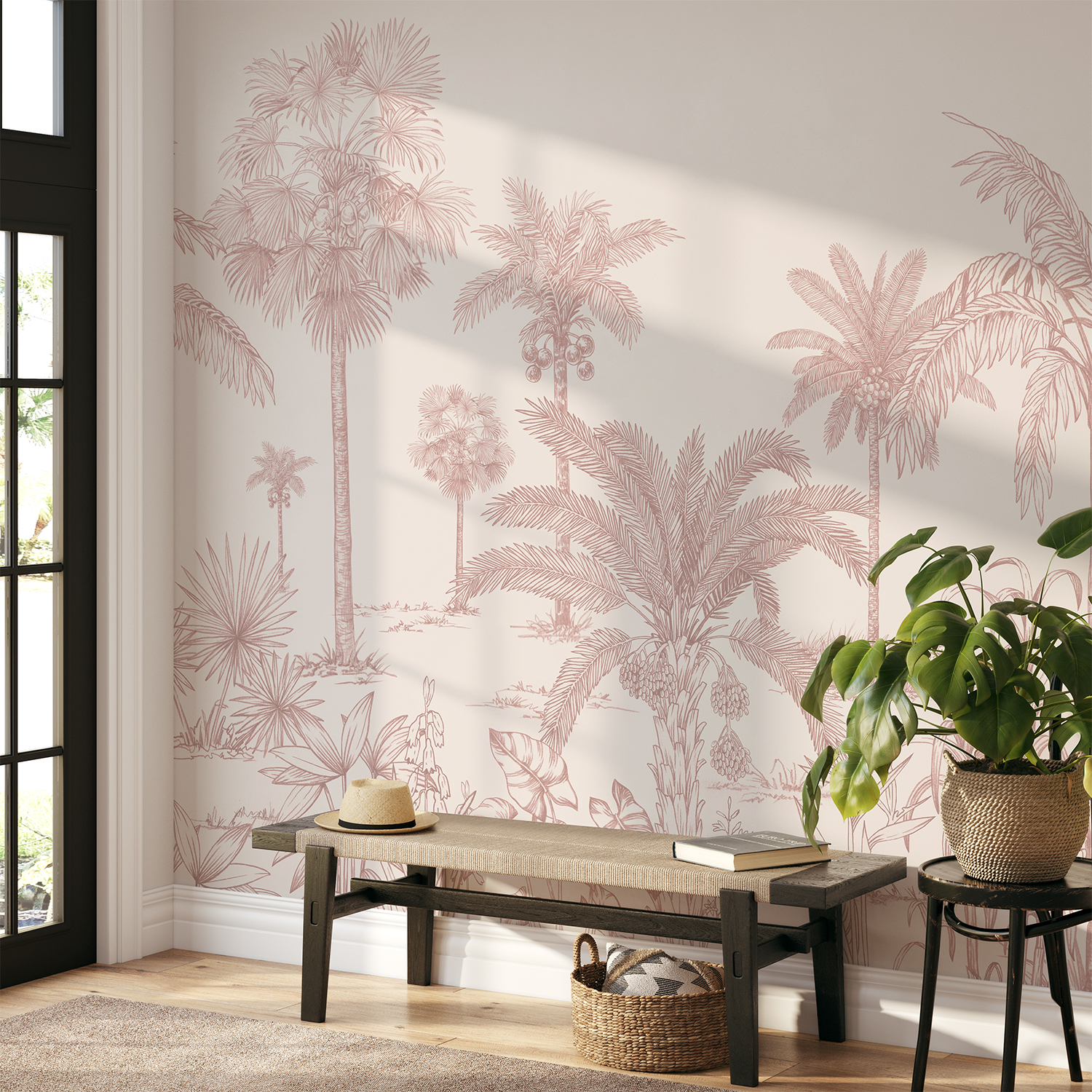Vintage Palmscape Tropical Mural Wallpaper in Soft Pink Feature Wall