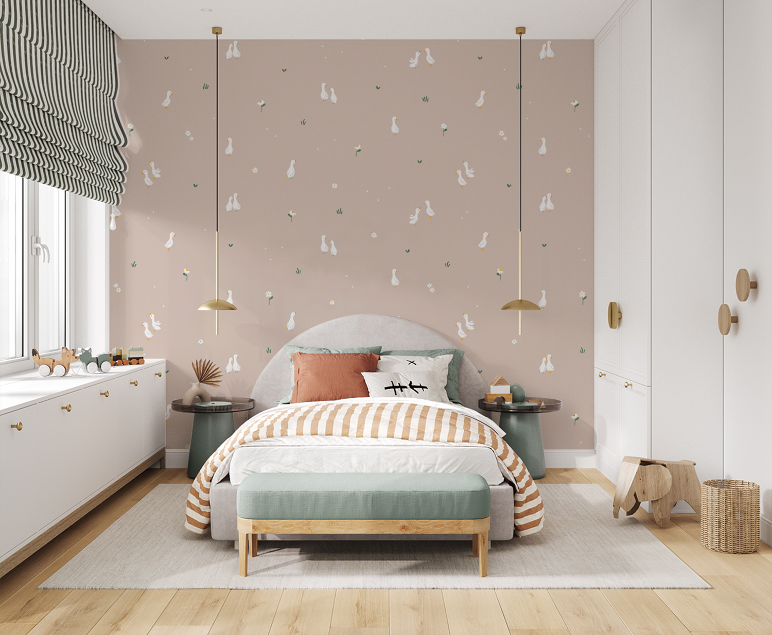 Graceful geese wallpaper pattern for whimsical girls bedroom wallpaper