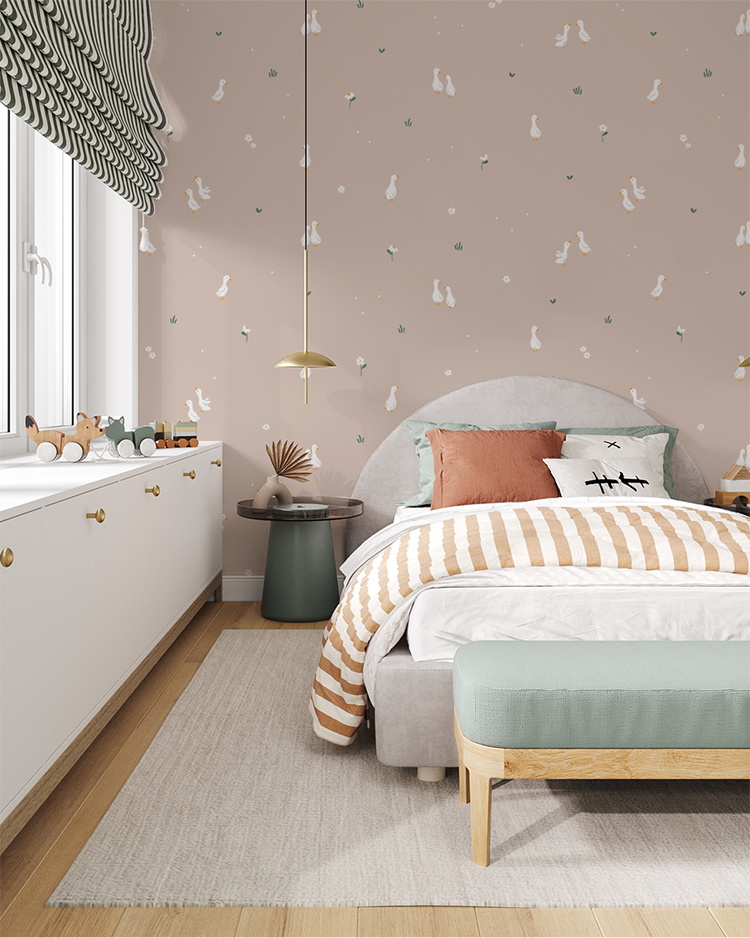 Graceful Geese Animal Pattern Wallpaper for Nursery in Soft Pink
