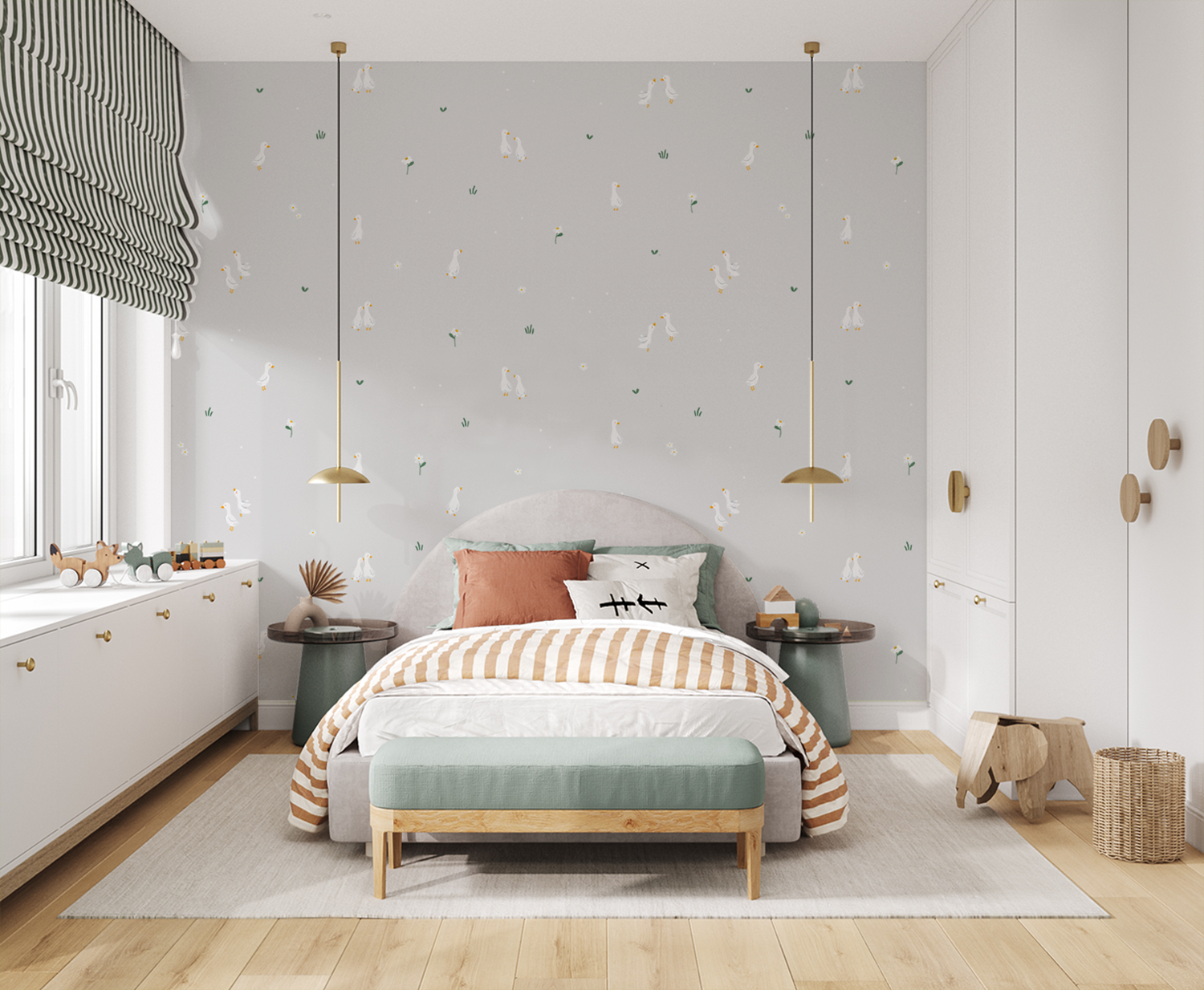 Light grey animal wallpaper with illustrated geese for a nursery
