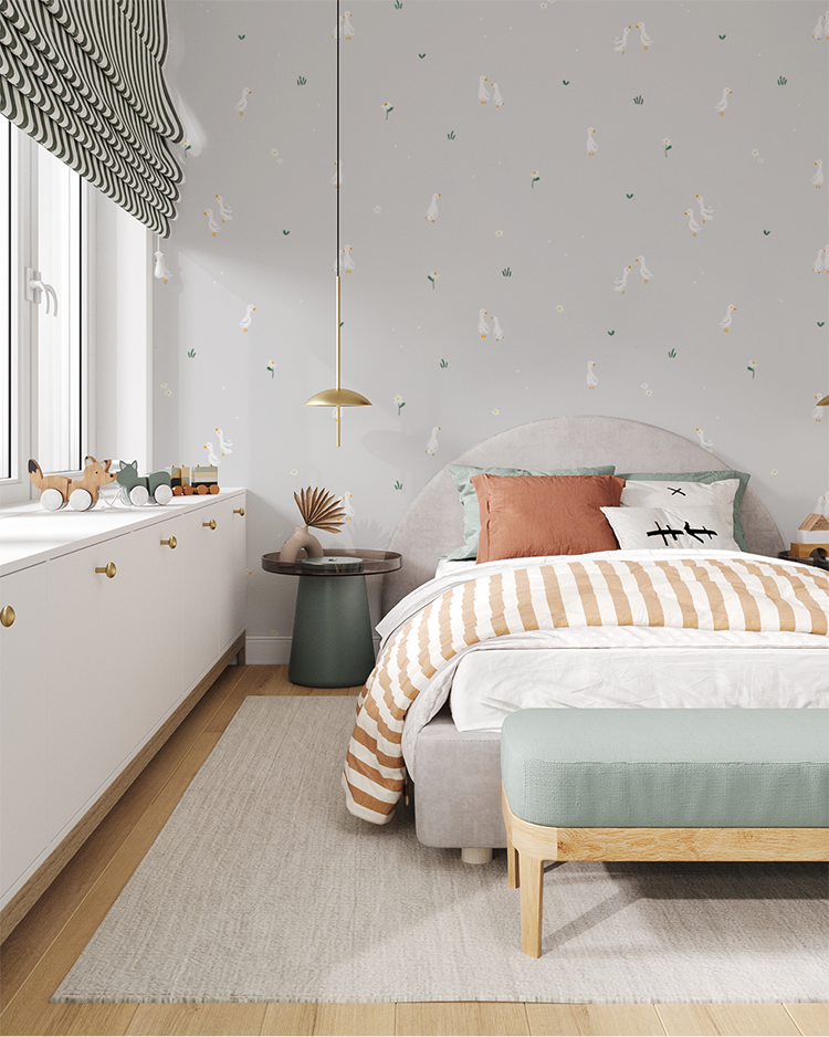 Graceful Geese Animal Pattern Wallpaper in a grey kid's room