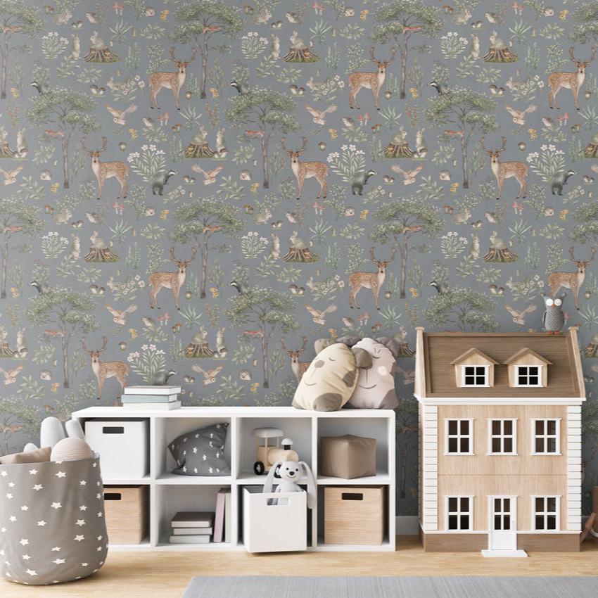 Blue baby girl wallpaper with calming forest animal pattern