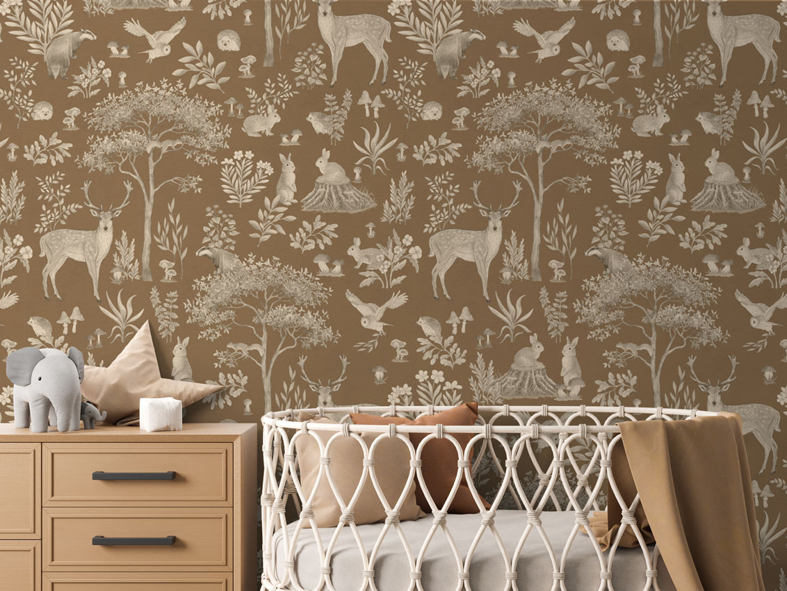 Fantastic Forest Animal Pattern Wallpaper styled in a cosy nursery