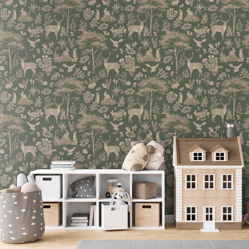 Fantastic Forest dark pattern wallpaper featuring woodland animals and trees in earthy green tones