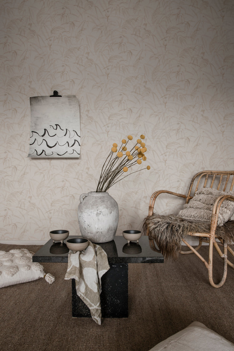 Anna Watercolor Bamboo Japanese Wallpaper with serene monochrome bamboo design