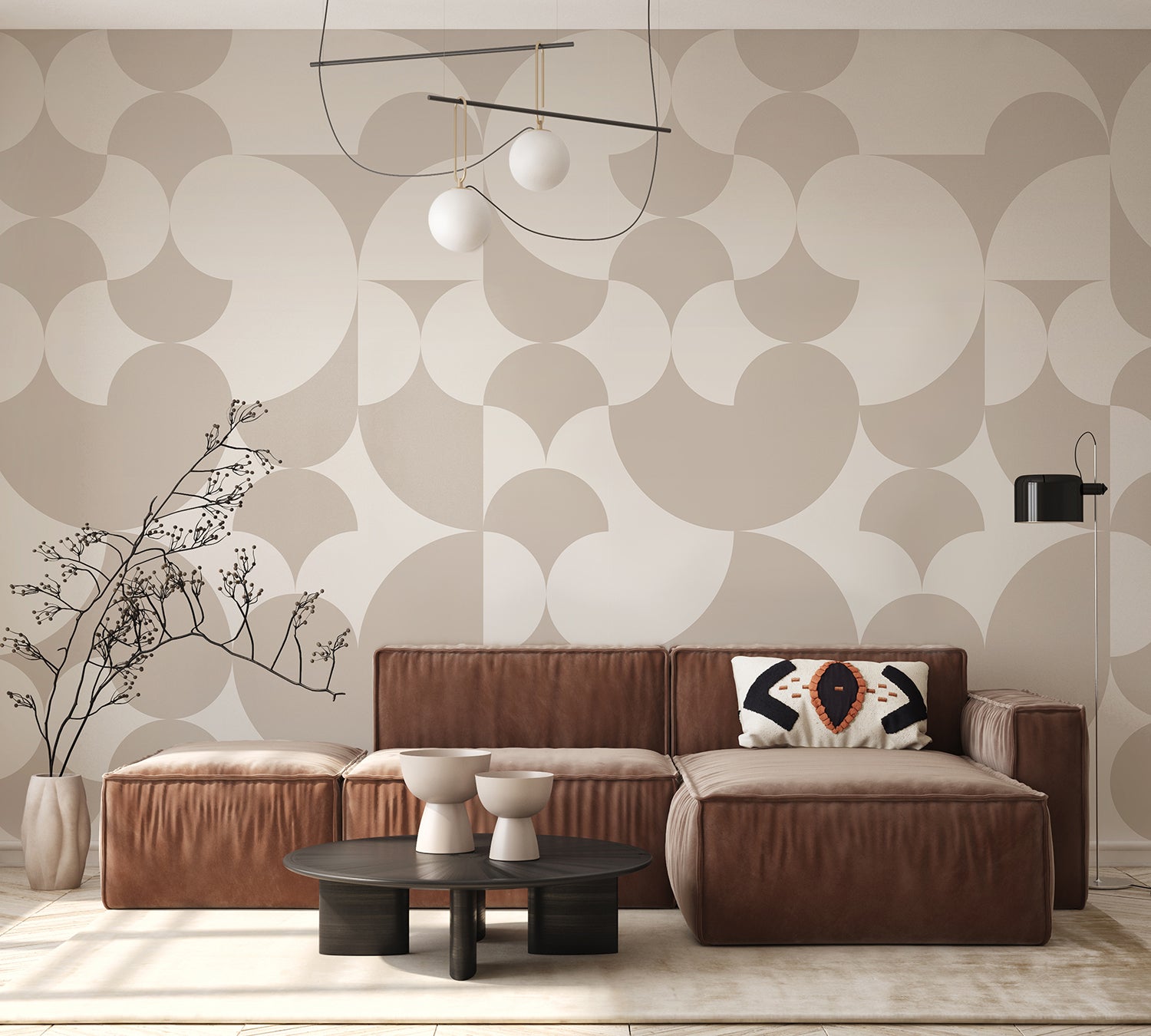 Arcadian Harmony Geometric Wallpaper in a modern living room