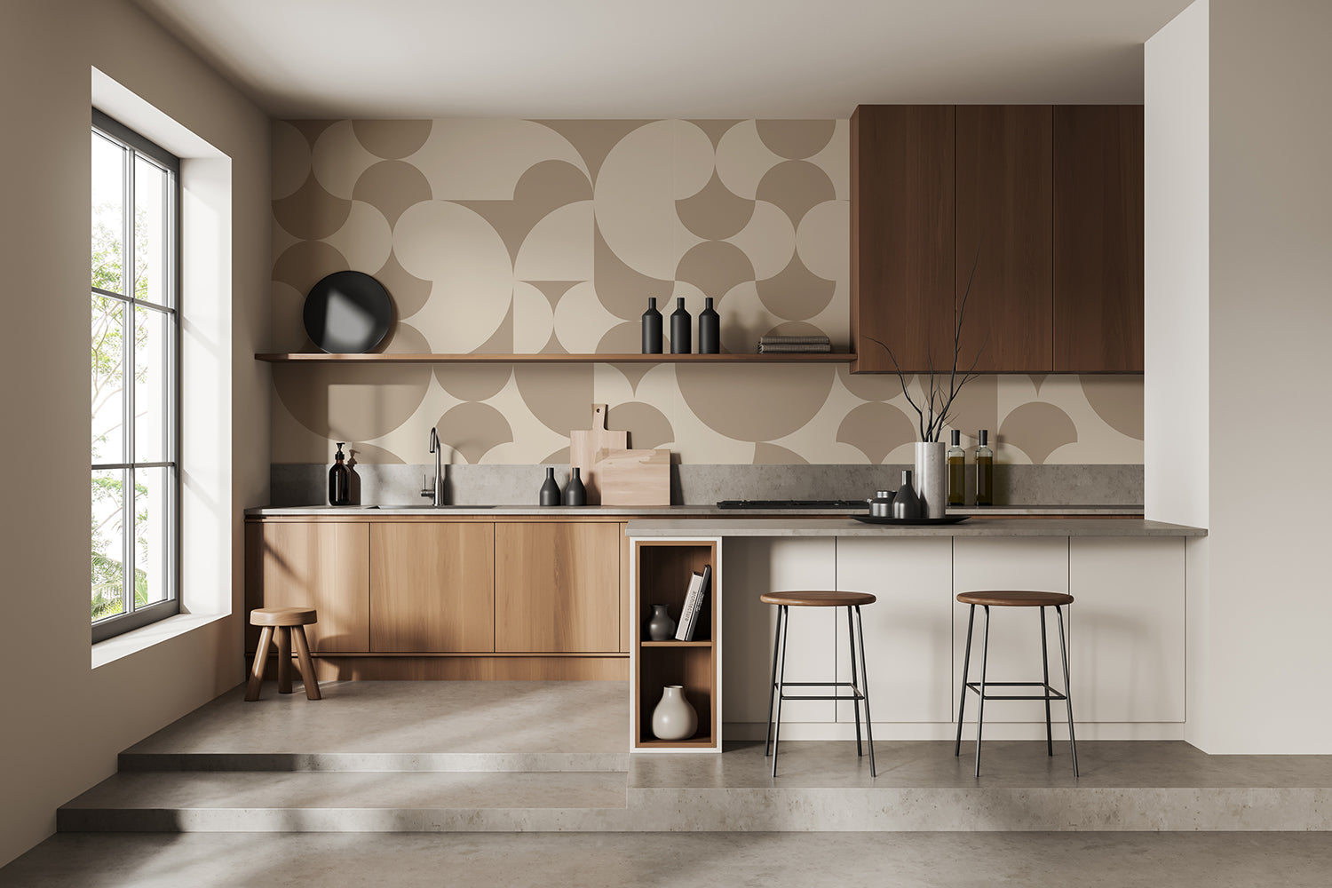 Arcadian Harmony, Geometric Wallpaper Arcadian Harmony, Geometric Wallpaper in beige colour featured in modern kitchen area as the accent wall