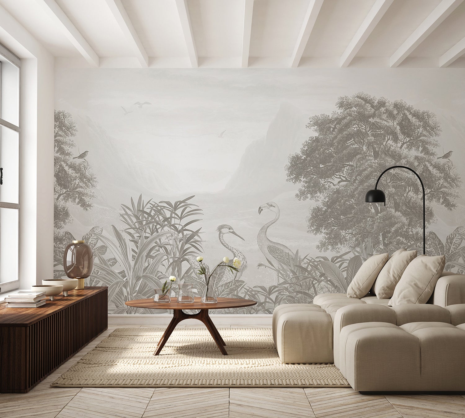 Verdant Oasis Animals Mural Wallpaper in grey for living room