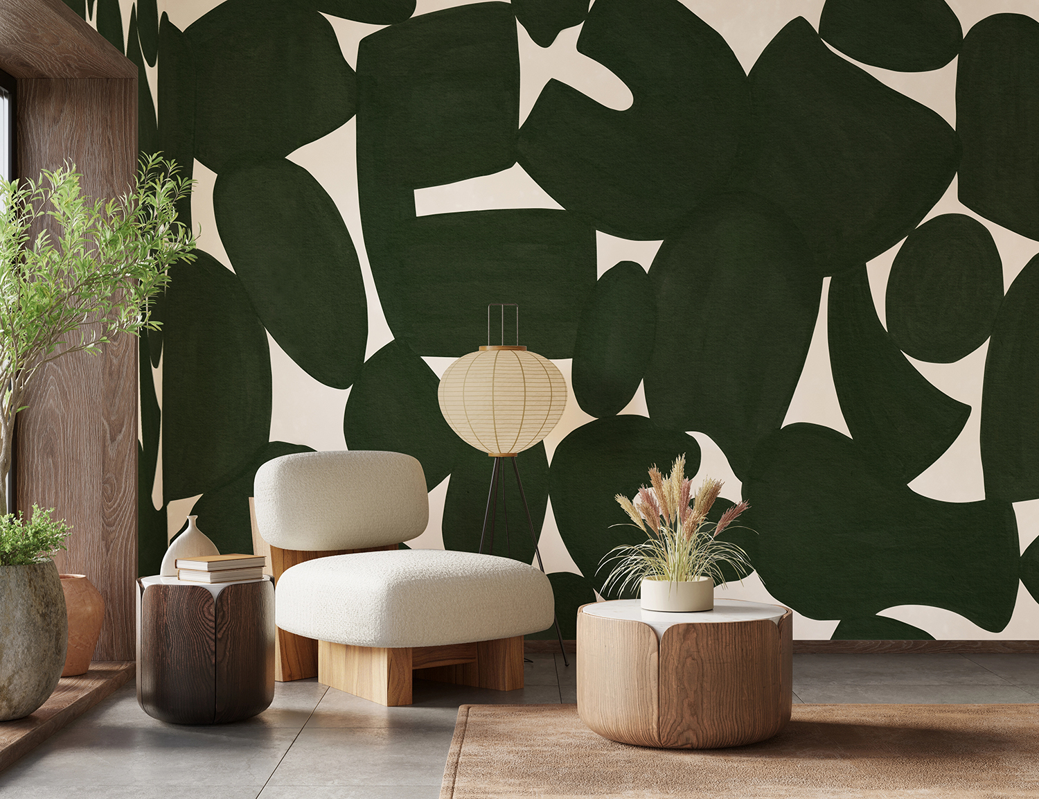 Abstract green mural wallpaper with oversized freeform pebble shapes